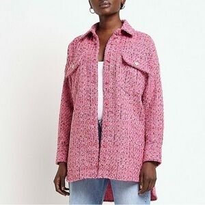 River Island Pink Tweed Oversized Wool Blend Shirt Jacket Barbiecore Shacket Sm